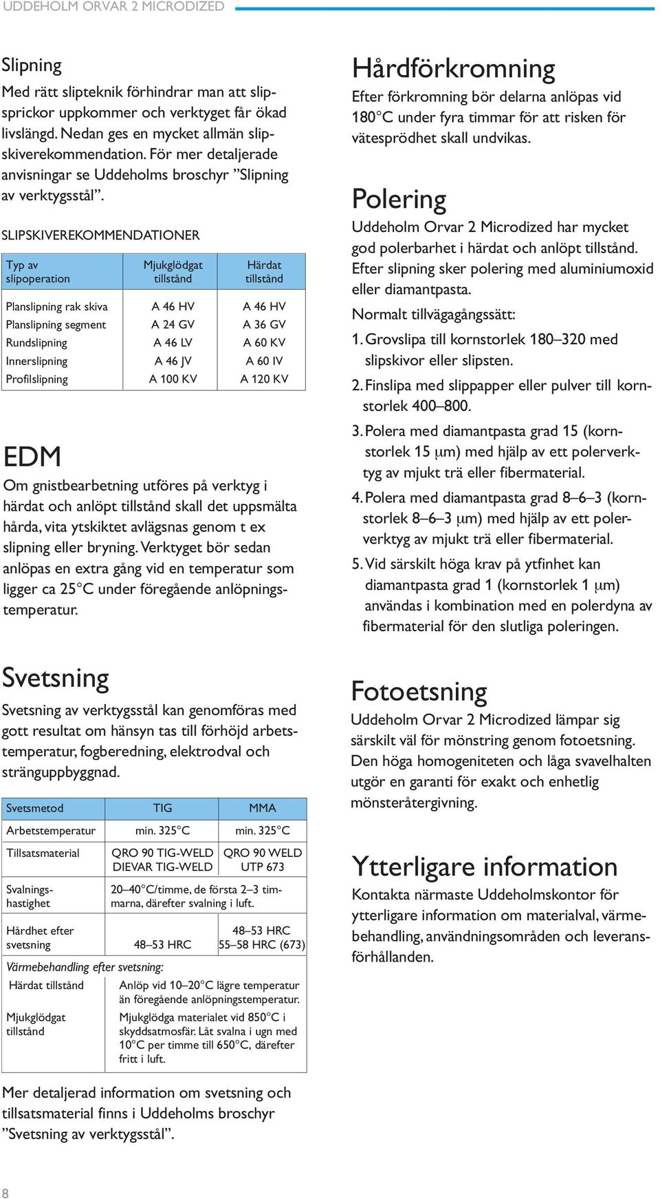 SLIPSKIVEREKOMMENDATIONER Typ av Mjukglödgat Härdat slipoperation tillstånd tillstånd Planslipning rak skiva A 46 HV A 46 HV Planslipning segment A 24 GV A 36 GV Rundslipning A 46 LV A 60 KV