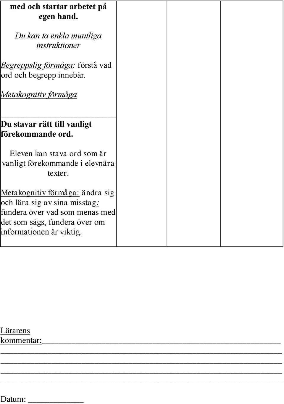 Metakognitiv förmåga Du stavar rätt till vanligt förekommande ord.