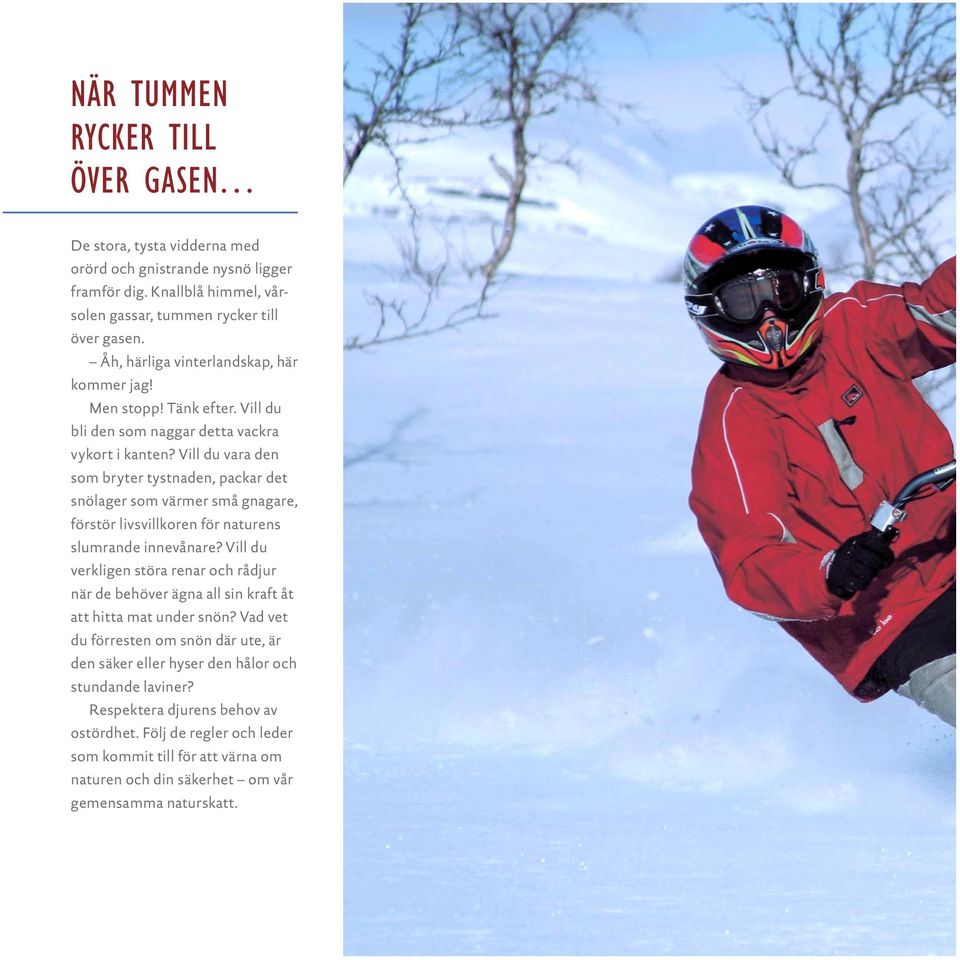 Vill du vara den som bryter tystnaden, packar det snö lager som värmer små gnagare, förstör livsvillkoren för naturens slumrande innevånare?