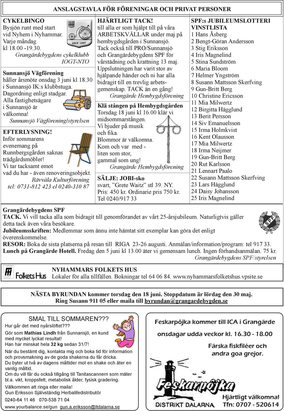Sunnansjö Vägförening/styrelsen EFTERLYSNING! Inför sommarens evenemang på Runnbergsgården saknas trädgårdsmöbler! Vi tar tacksamt emot vad du har - även renoveringsobjekt.