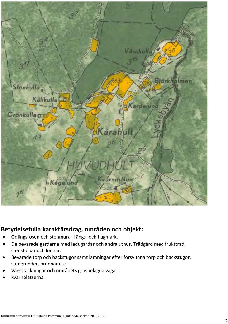 Trädgård med fruktträd, stenstolpar och lönnar.