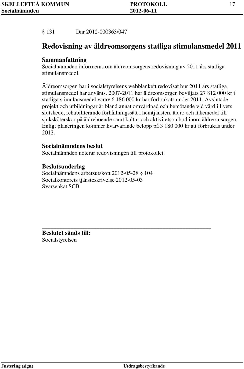 2007-2011 har äldreomsorgen beviljats 27 812 000 kr i statliga stimulansmedel varav 6 186 000 kr har förbrukats under 2011.