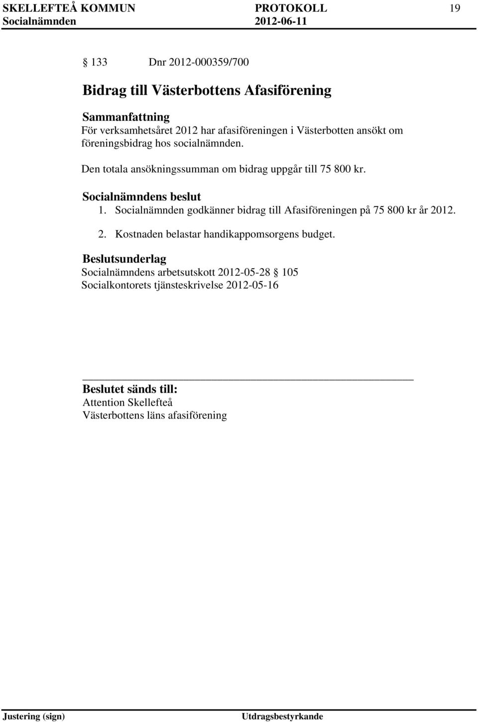 Socialnämnden godkänner bidrag till Afasiföreningen på 75 800 kr år 2012. 2. Kostnaden belastar handikappomsorgens budget.