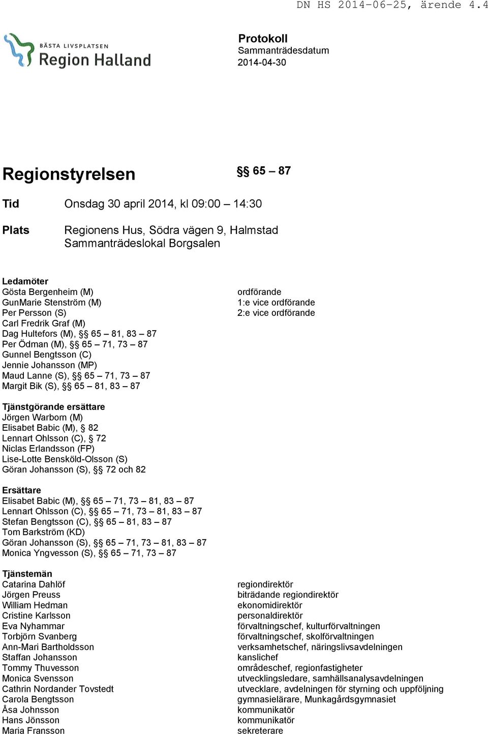 71, 73 87 Margit Bik (S), 65 81, 83 87 ordförande 1:e vice ordförande 2:e vice ordförande Tjänstgörande ersättare Jörgen Warborn (M) Elisabet Babic (M), 82 Lennart Ohlsson (C), 72 Niclas Erlandsson