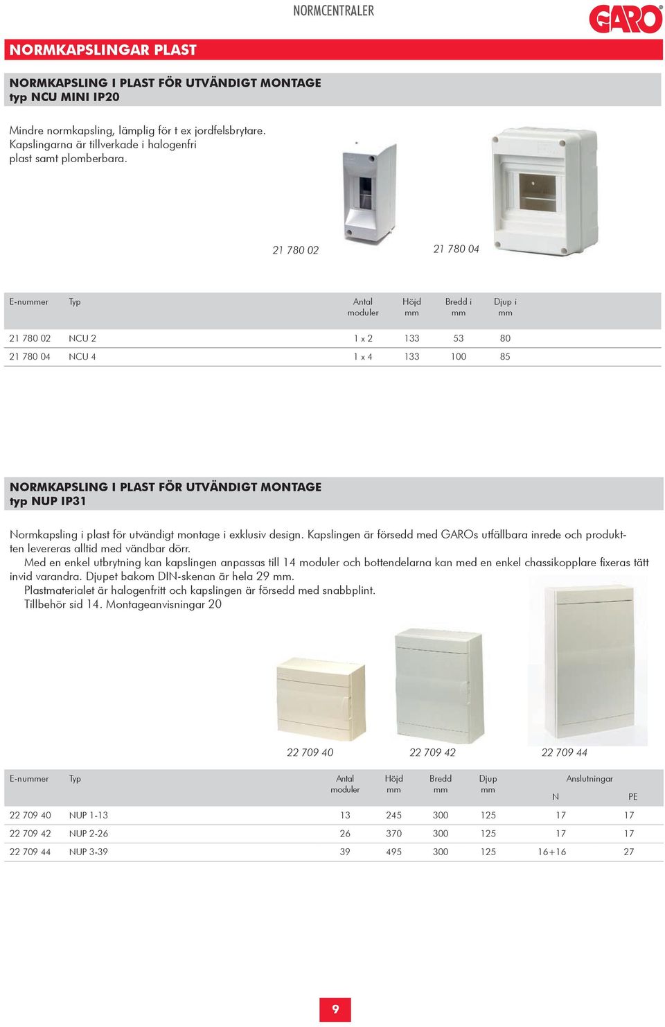 21 780 02 21 780 04 E-nuer Typ Antal moduler Höjd Bredd i Djup i 21 780 02 NCU 2 1 x 2 133 53 80 21 780 04 NCU 4 1 x 4 133 100 85 NORMKAPSLING I PLAST FÖR UTVÄNDIGT MONTAGE typ NUP IP31 Normkapsling
