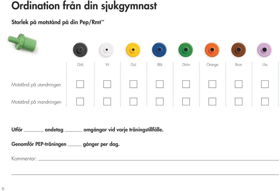 inandningen Utför andetag Genomför PEP-träningen Kommentar: 6