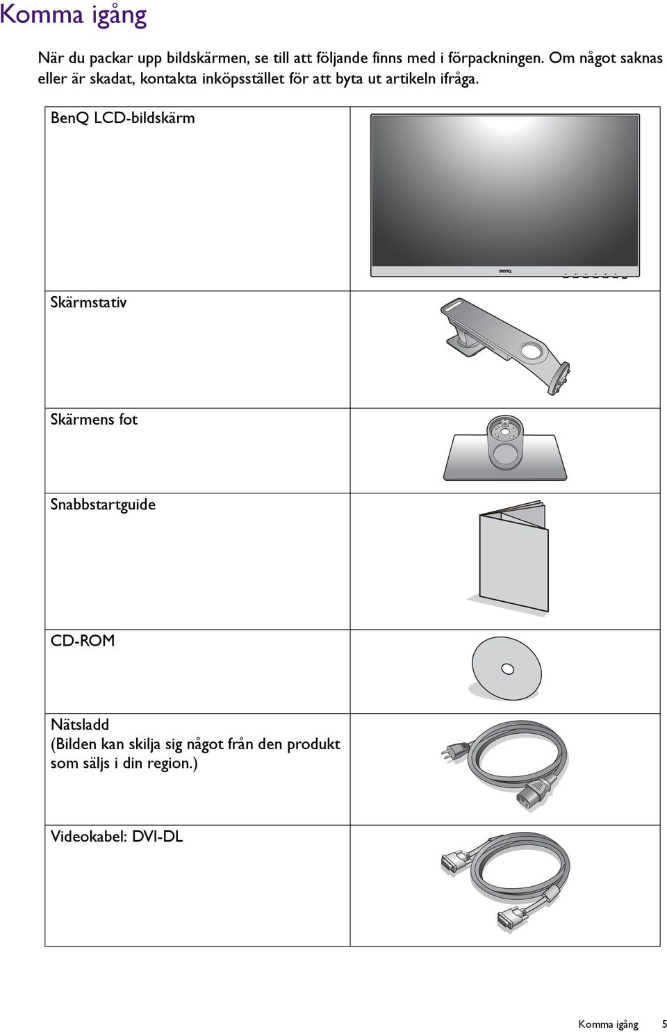 BenQ LCD-bildskärm Skärmstativ Skärmens fot Snabbstartguide CD-ROM Nätsladd (Bilden kan