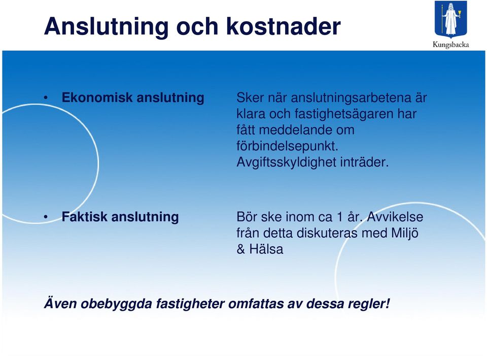 Avgiftsskyldighet inträder. Faktisk anslutning Bör ske inom ca 1 år.