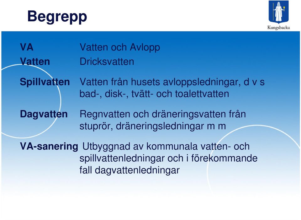 och dräneringsvatten från stuprör, dräneringsledningar m m VA-sanering Utbyggnad