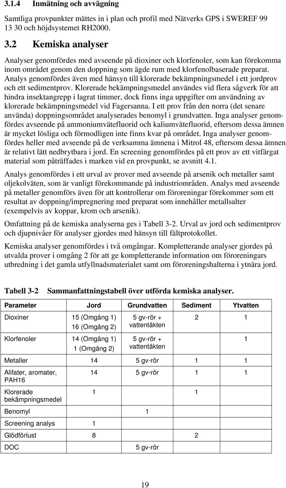 2 Kemiska analyser Analyser genomfördes med avseende på dioxiner och klorfenoler, som kan förekomma inom området genom den doppning som ägde rum med klorfenolbaserade preparat.