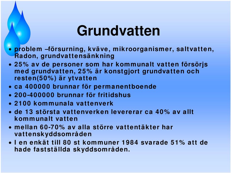 200-400000 brunnar för fritidshus 2100 kommunala vattenverk de 13 största vattenverken levererar ca 40% av allt kommunalt vatten mellan