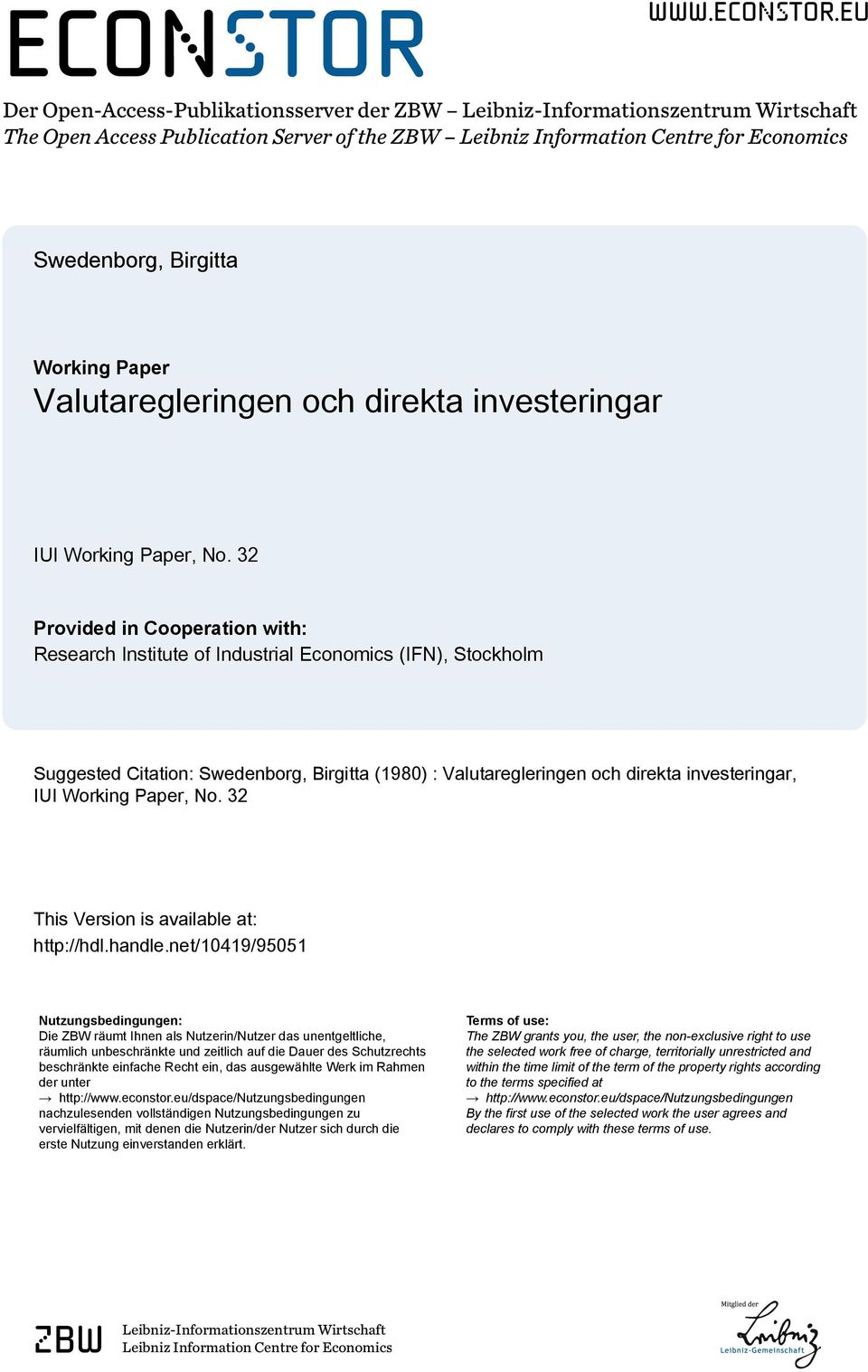 eu Der Open-Access-Publikationsserver der ZBW Leibniz-Informationszentrum Wirtschaft The Open Access Publication Server of the ZBW Leibniz Information Centre for Economics Swedenborg, Birgitta