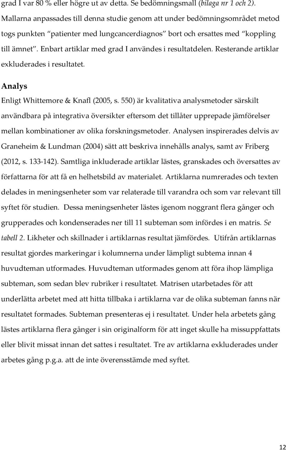 Enbart artiklar med grad I användes i resultatdelen. Resterande artiklar exkluderades i resultatet. Analys Enligt Whittemore & Knafl (2005, s.