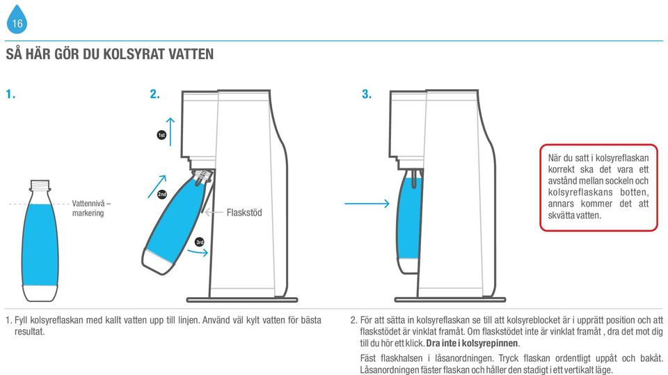 För att sätta in kolsyreflaskan se till att kolsyreblocket är i upprätt position och att flaskstödet är vinklat framåt.