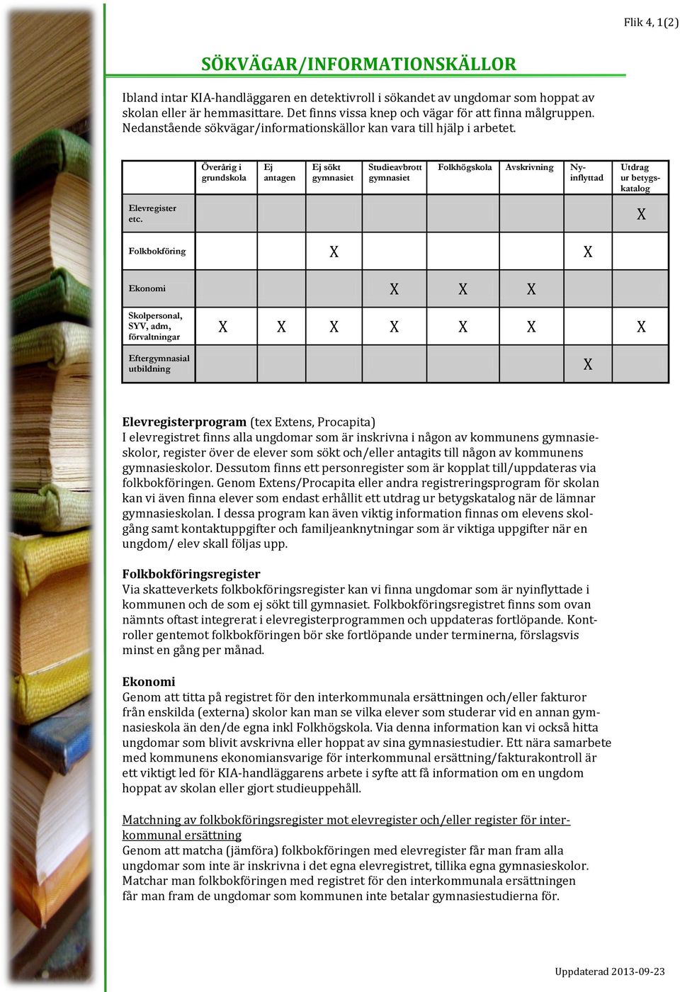 Flik 4, 1(2) Överårig i grundskola Ej antagen Ej sökt gymnasiet Studieavbrott gymnasiet Folkhögskola Avskrivning Nyinflyttad Utdrag ur betygskatalog Elevregister etc.