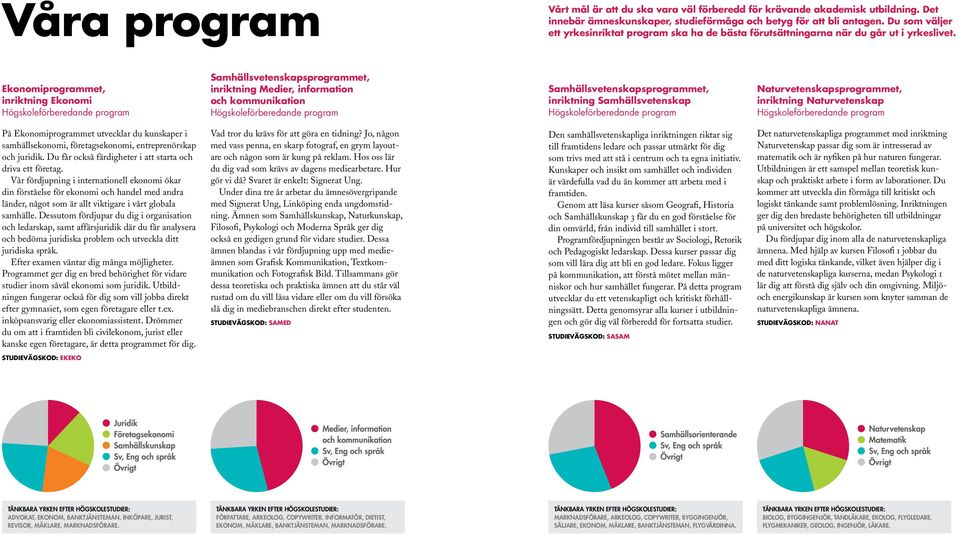 Ekonomiprogrammet, inriktning Ekonomi Samhällsvetenskapsprogrammet, inriktning Medier, information och kommunikation Samhällsvetenskapsprogrammet, inriktning Samhällsvetenskap