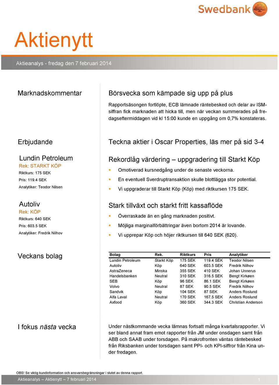 Erbjudande Teckna aktier i Oscar Properties, läs mer på sid 3-4 Lundin Petroleum Rek: STARKT KÖP Riktkurs: 175 SEK Pris: 119.
