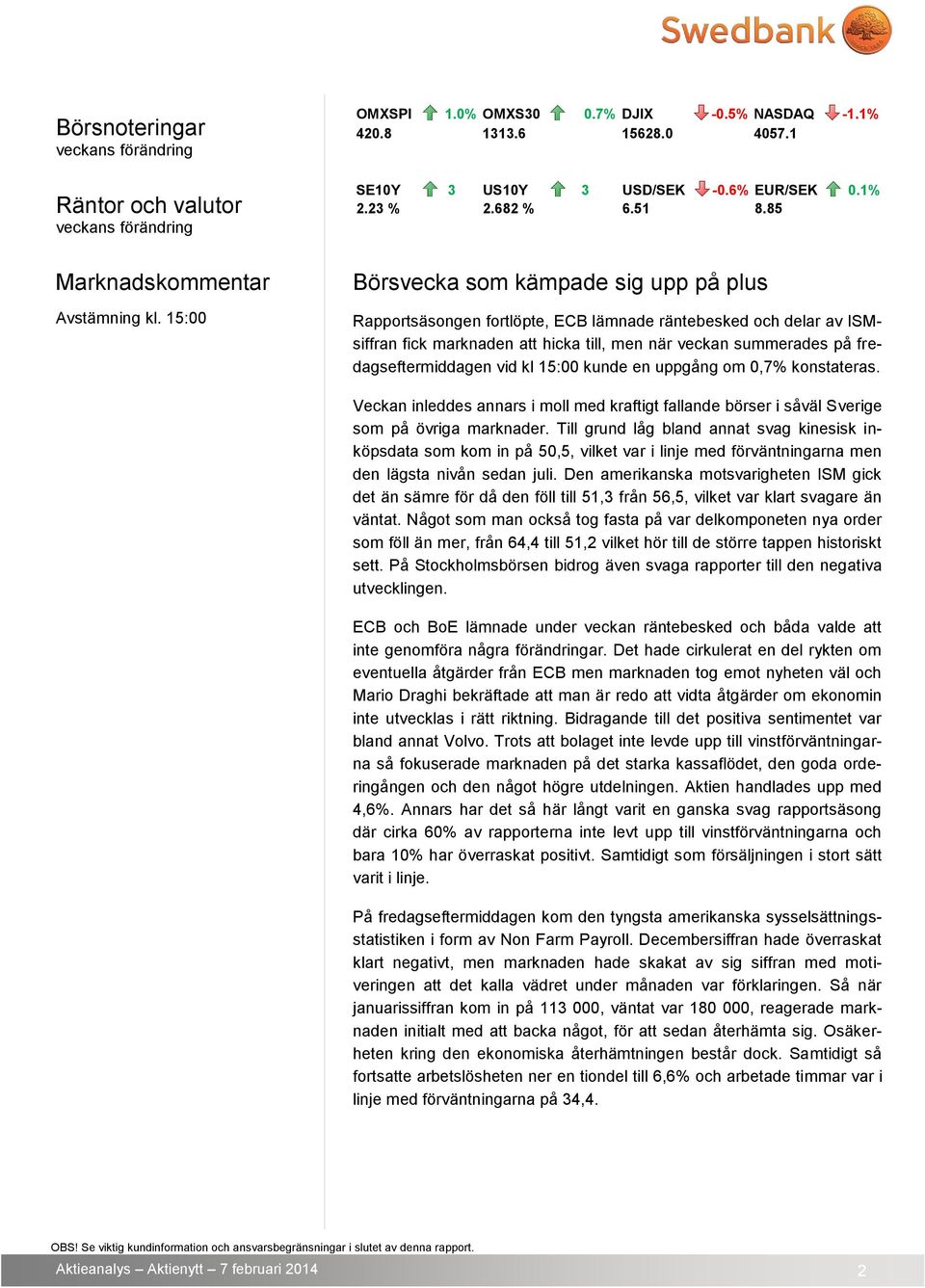 85 Börsvecka som kämpade sig upp på plus Rapportsäsongen fortlöpte, ECB lämnade räntebesked och delar av ISMsiffran fick marknaden att hicka till, men när veckan summerades på fredagseftermiddagen
