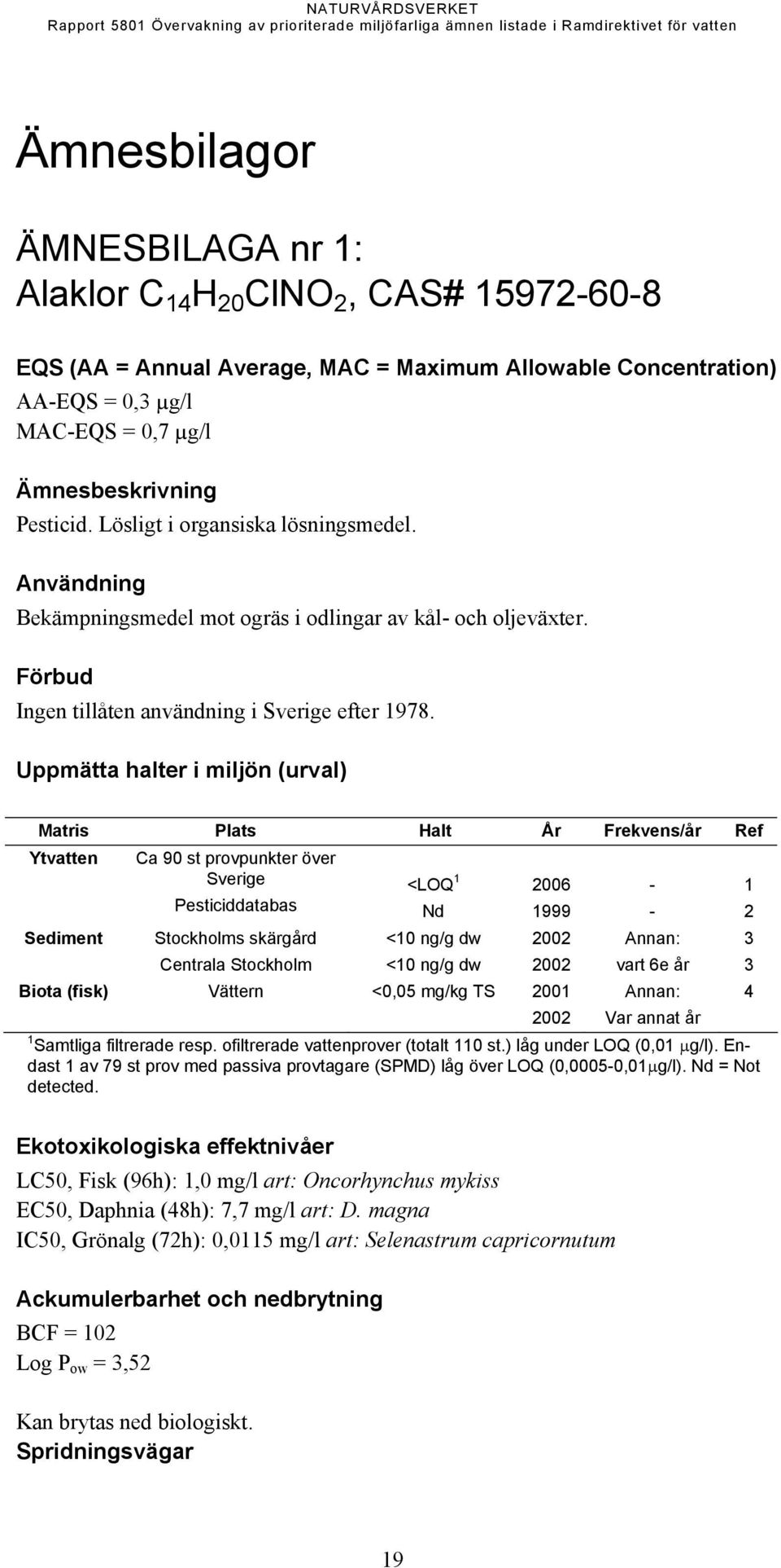 Uppmätta halter i miljön (urval) Matris Plats Halt År Frekvens/år Ref Ytvatten Ca 90 st provpunkter över Sverige Pesticiddatabas <LOQ 1 Nd 2006 1999 1 2 Sediment Stockholms skärgård Centrala