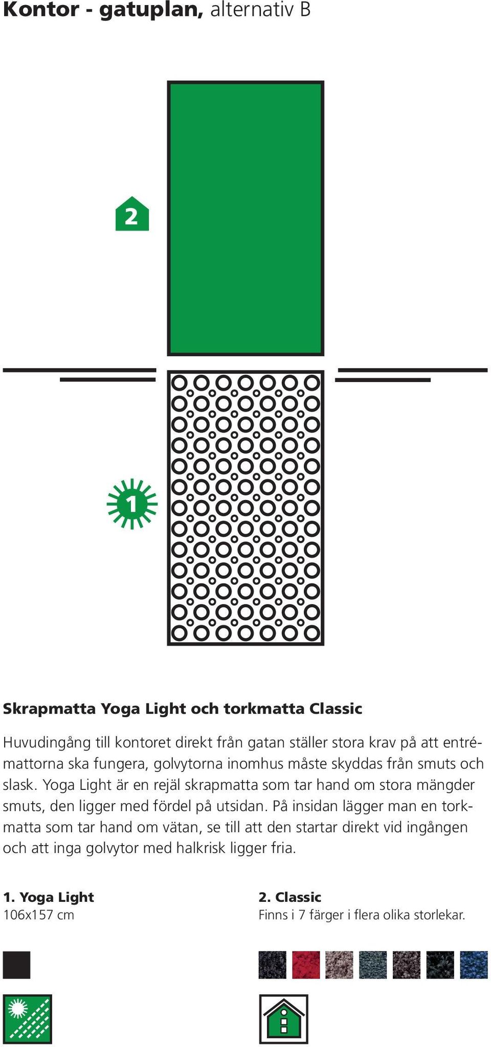 Yoga Light är en rejäl skrapmatta som tar hand om stora mängder smuts, den ligger med fördel på utsidan.
