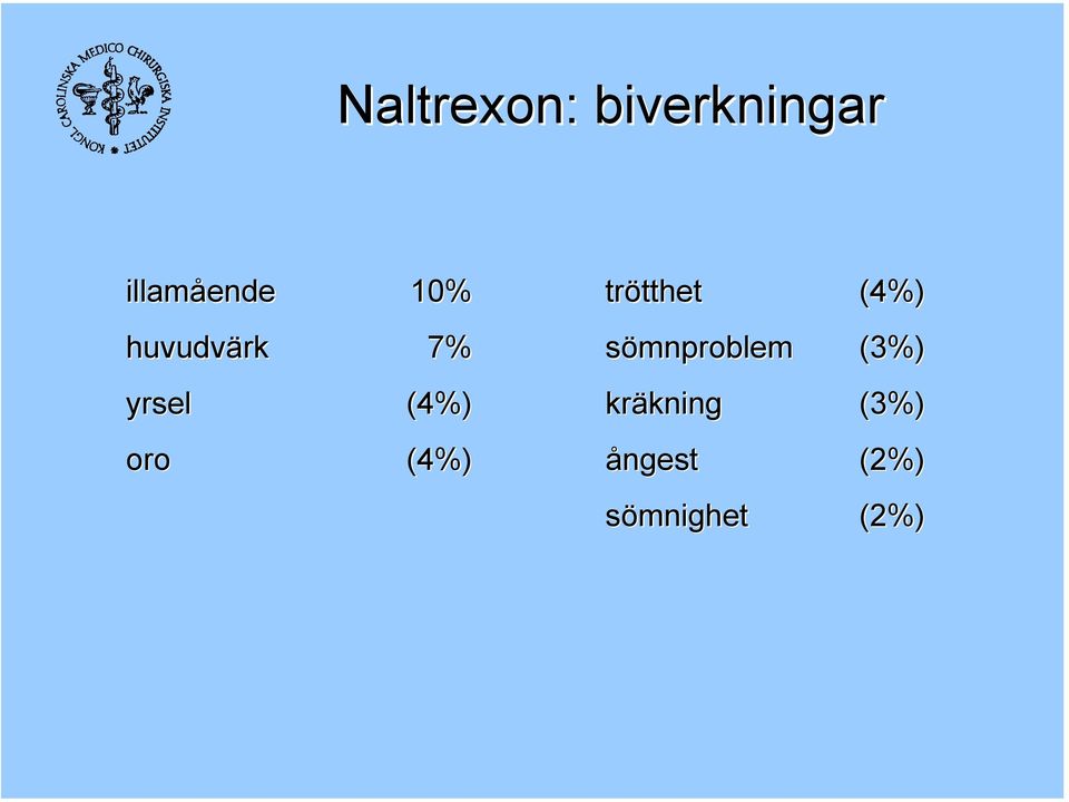 sömnproblem (3%) yrsel (4%) kräkning