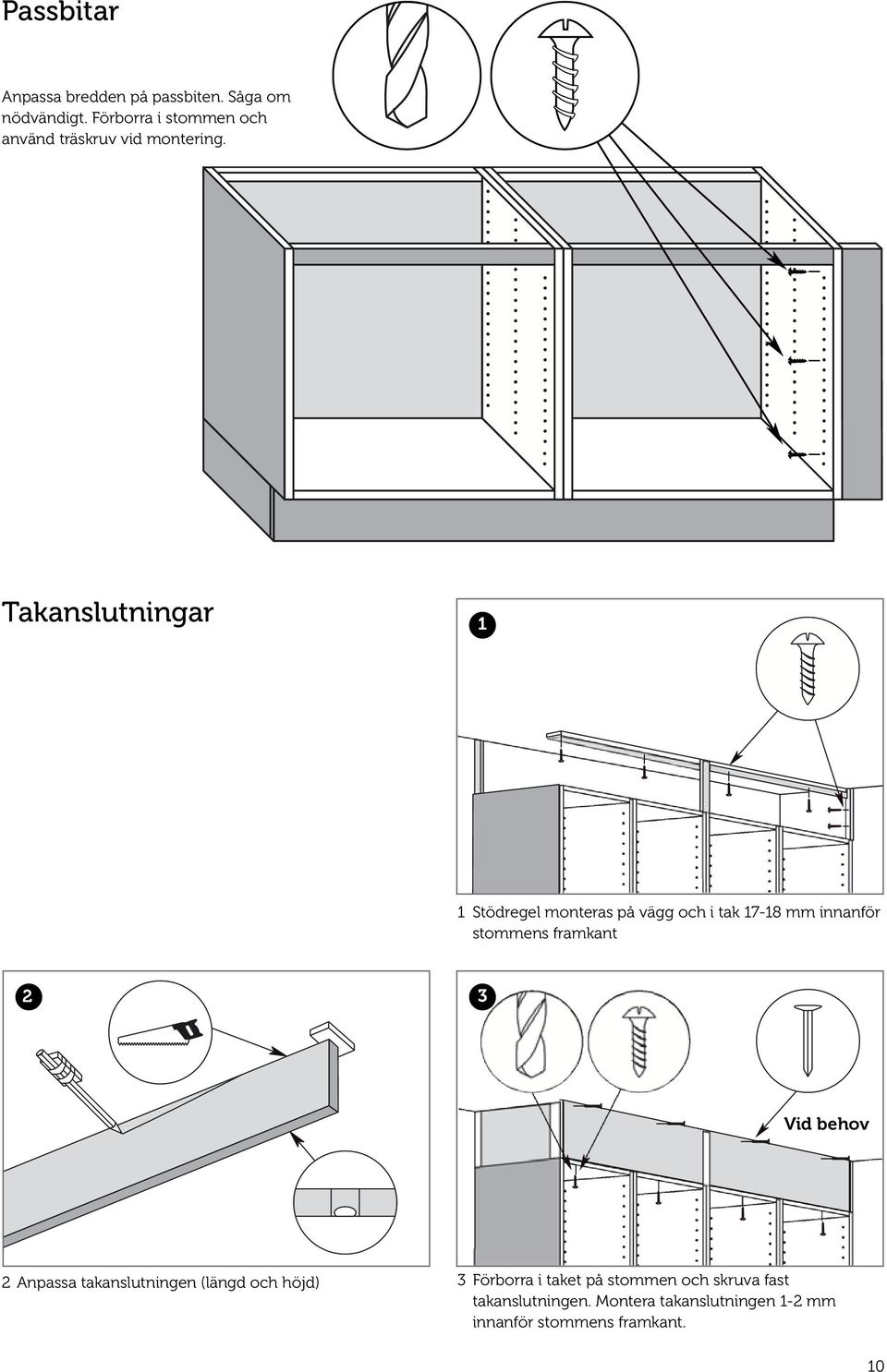 Takanslutningar Stödregel monteras på vägg och i tak 7-8 mm innanför stommens framkant 2 3 Vid