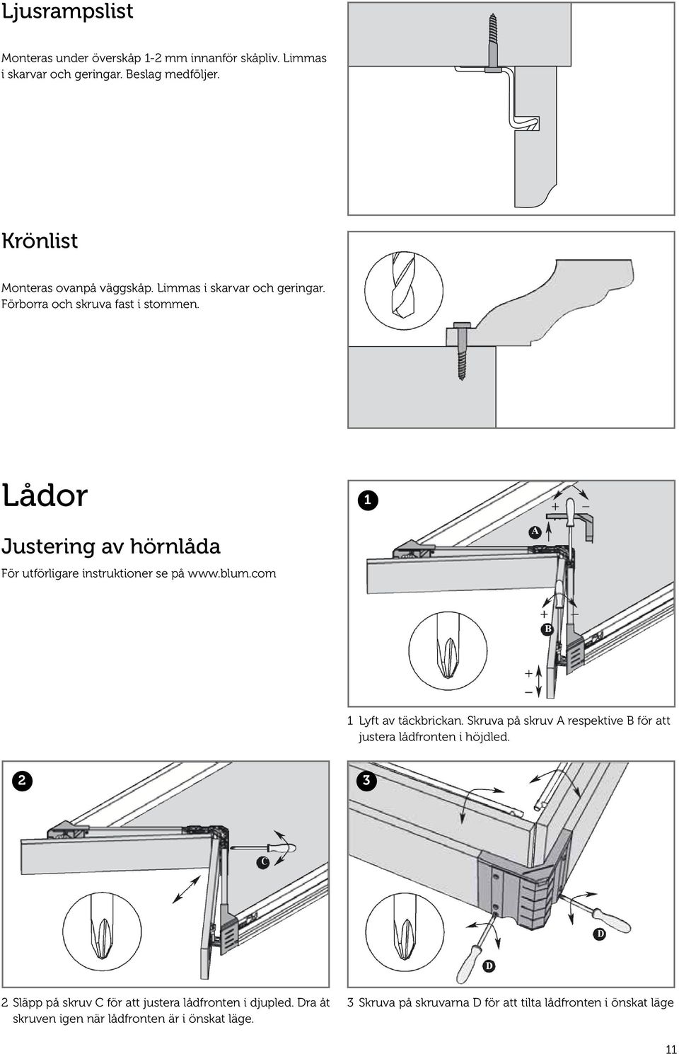 Lådor Justering av hörnlåda För utförligare instruktioner se på www.blum.com A B Lyft av täckbrickan.