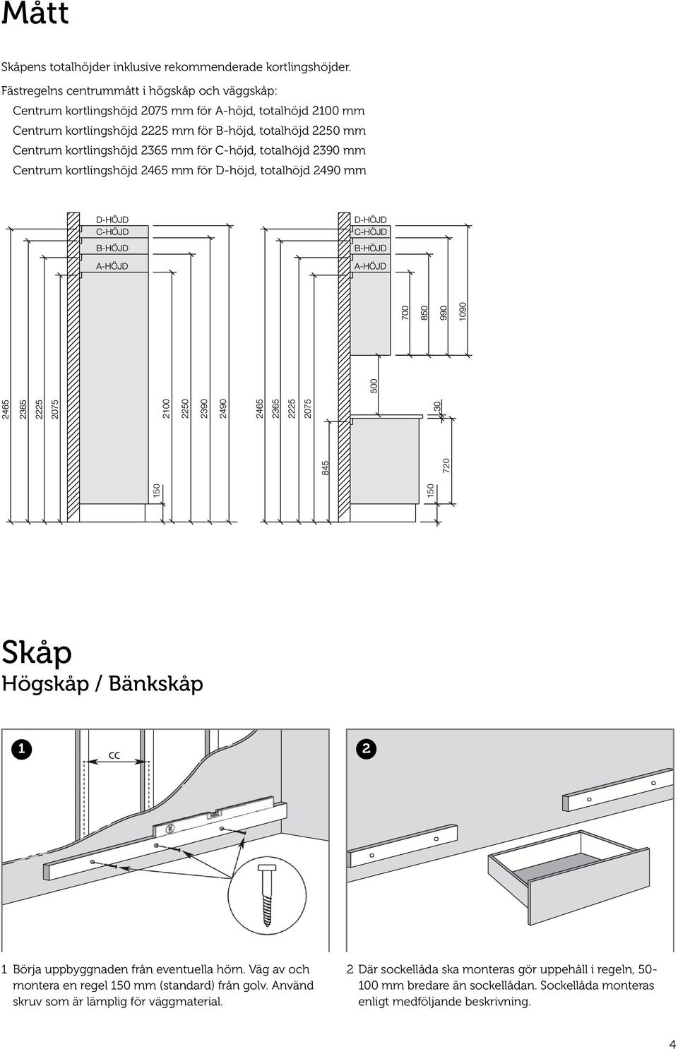 Centrum kortlingshöjd 2365 mm för C-höjd, totalhöjd 2390 mm Centrum kortlingshöjd 2465 mm för D-höjd, totalhöjd 2490 mm 50 50 720 Skåp Högskåp / Bänkskåp 2 Börja