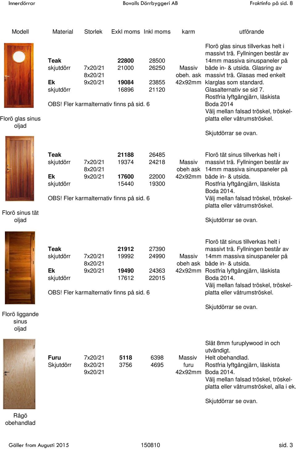 Rostfria lyftgångjärn, låskista Boda 2014 eller våtrumströskel. Florö sinus tät Teak 21188 26485 Florö tät sinus tillverkas helt i skjutdörr 7x20/21 19374 24218 Massiv massivt trä.