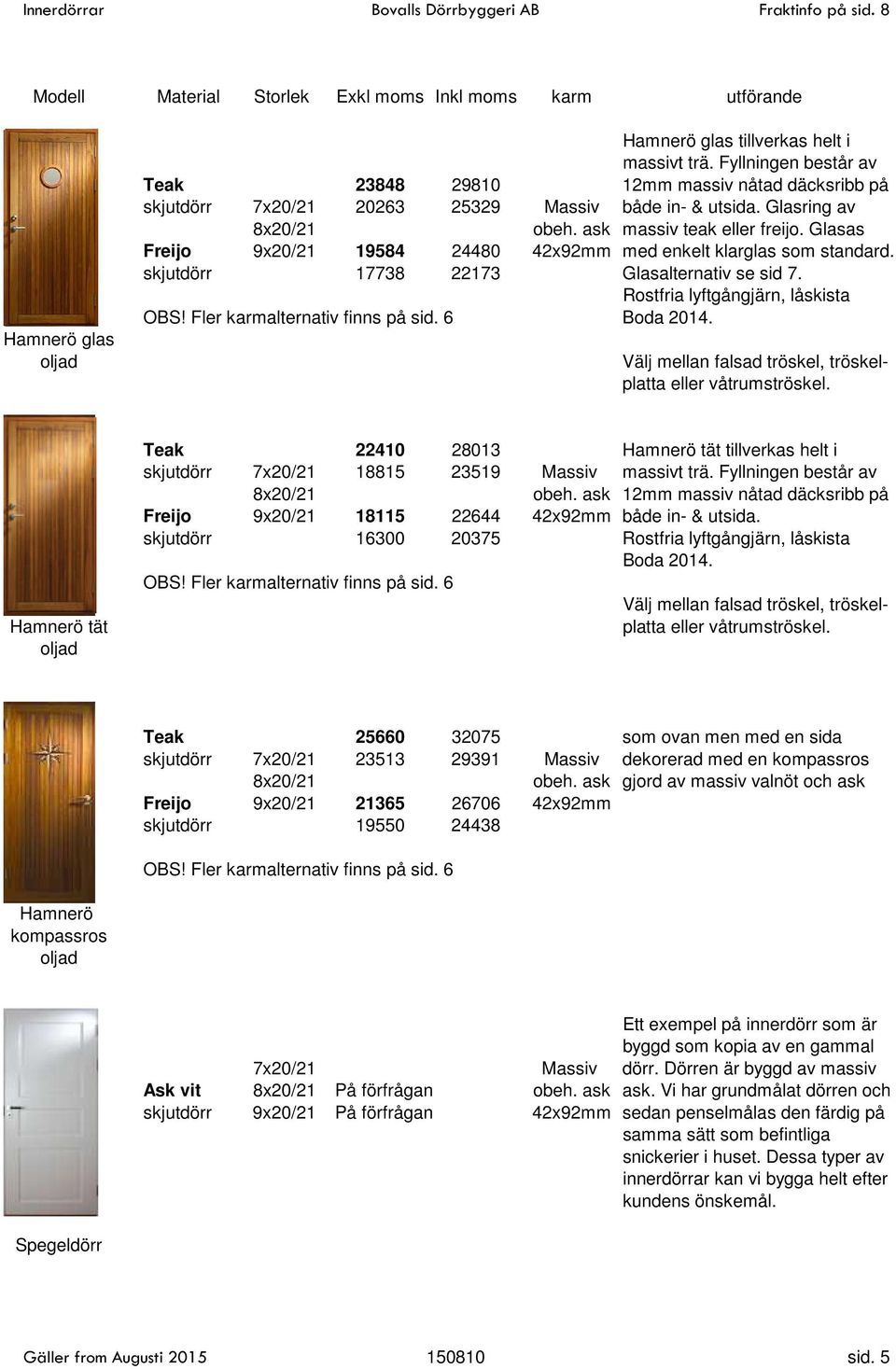 Rostfria lyftgångjärn, låskista Boda 2014. eller våtrumströskel. Hamnerö tät Teak 22410 28013 Hamnerö tät tillverkas helt i skjutdörr 7x20/21 18815 23519 Massiv massivt trä.