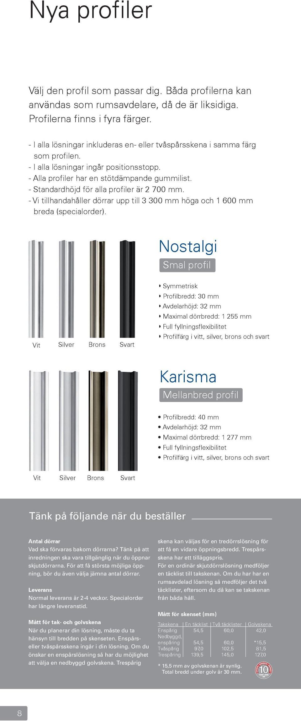 - Standardhöjd för alla profiler är 2 700 mm. - Vi tillhandahåller dörrar upp till 3 300 mm höga och 1 600 mm breda (specialorder).