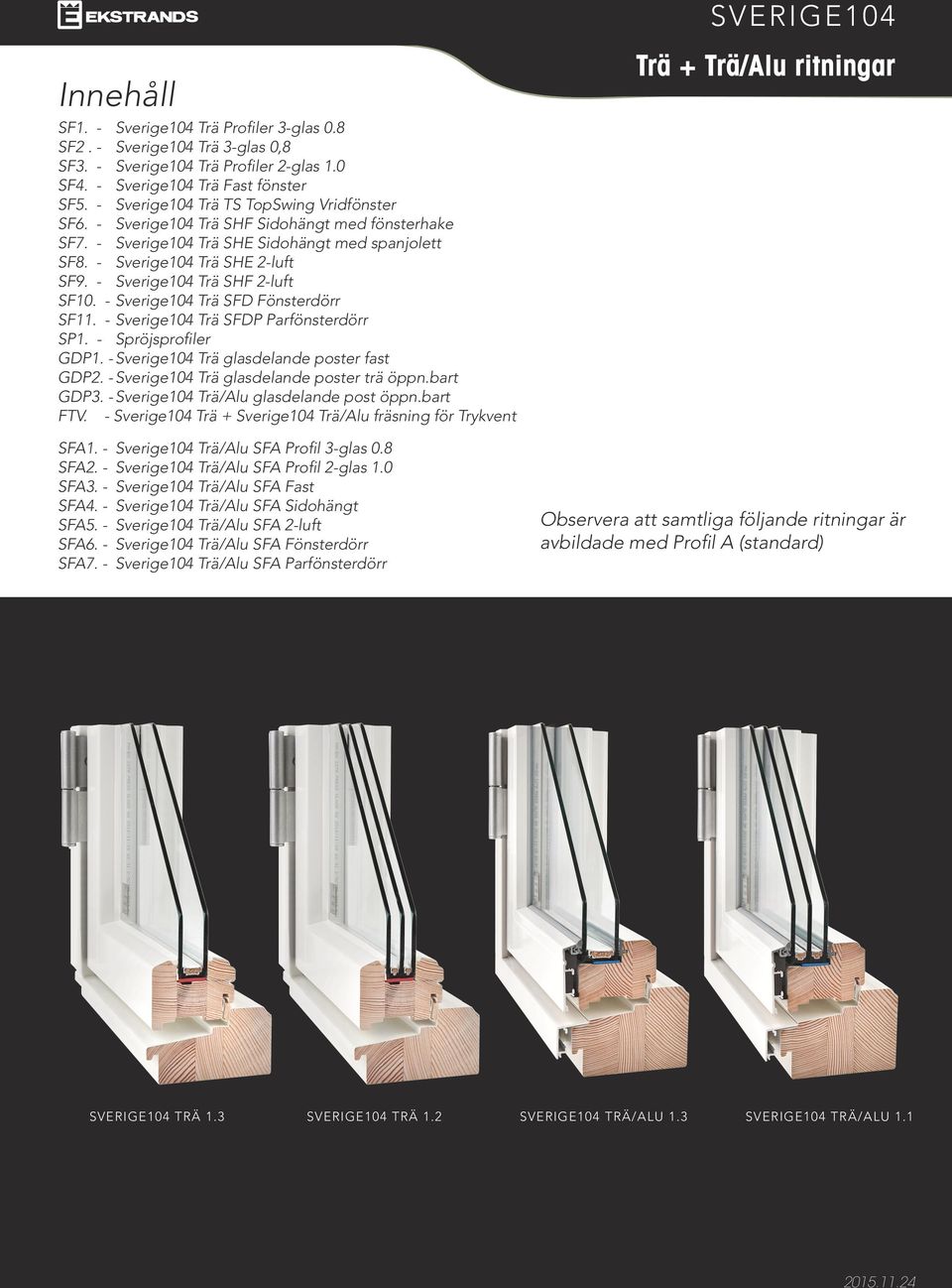 - Sverige104 Trä SHF 2-luft SF10. - Sverige104 Trä SFD Fönsterdörr SF11. - Sverige104 Trä SFDP Parfönsterdörr SP1. - Spröjsprofiler GDP1. - Sverige104 Trä glasdelande poster fast GDP2.