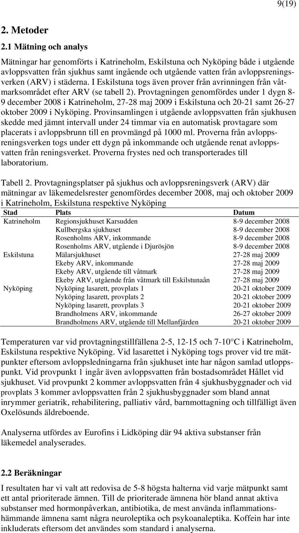 städerna. I Eskilstuna togs även prover från avrinningen från våtmarksområdet efter ARV (se tabell 2).
