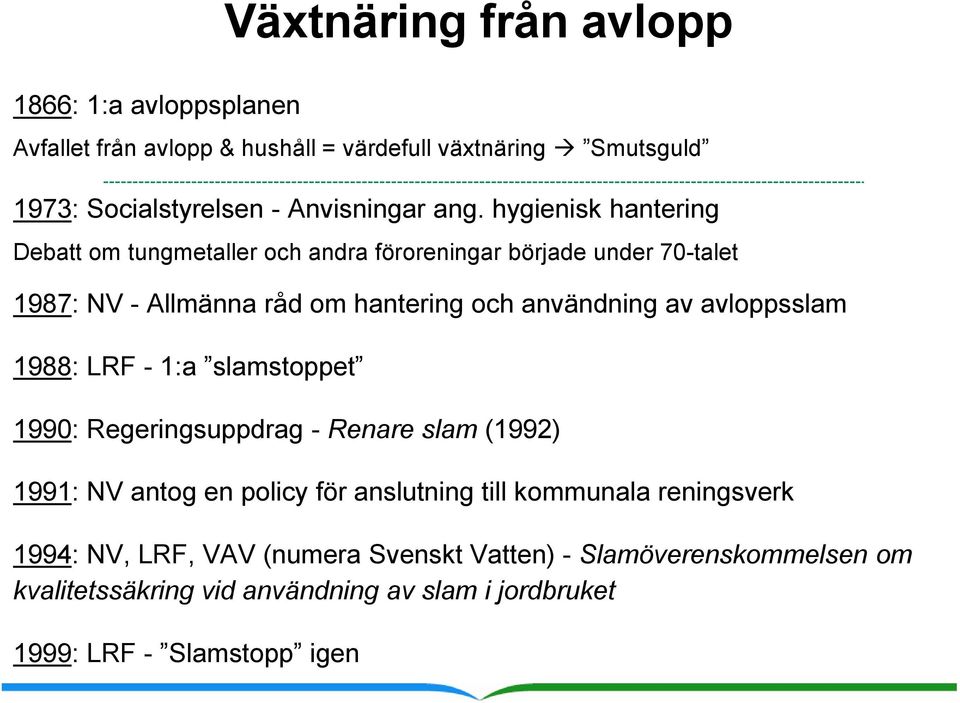 avloppsslam 1988: LRF - 1:a slamstoppet 1990: Regeringsuppdrag - Renare slam (1992) 1991: NV antog en policy för anslutning till kommunala