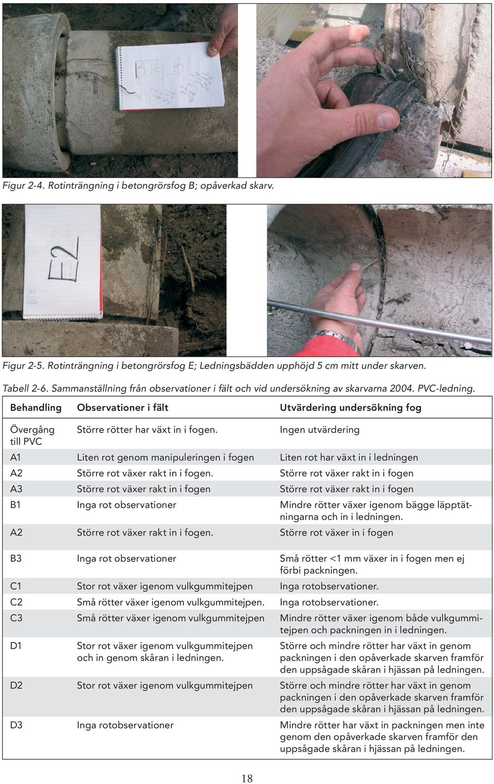 Ingen utvärdering till PVC A1 Liten rot genom manipuleringen i fogen Liten rot har växt in i ledningen A2 Större rot växer rakt in i fogen.