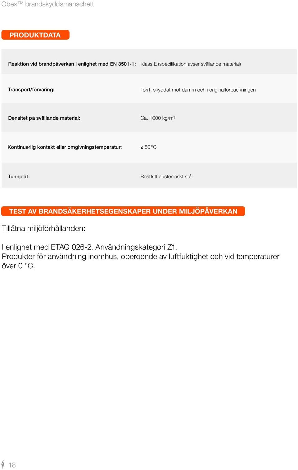 1000 kg/m³ Kontinuerlig kontakt eller omgivningstemperatur: 80 C Tunnplåt: Rostfritt austenitiskt stål TEST AV BRANDSÄKERHETSEGENSKAPER