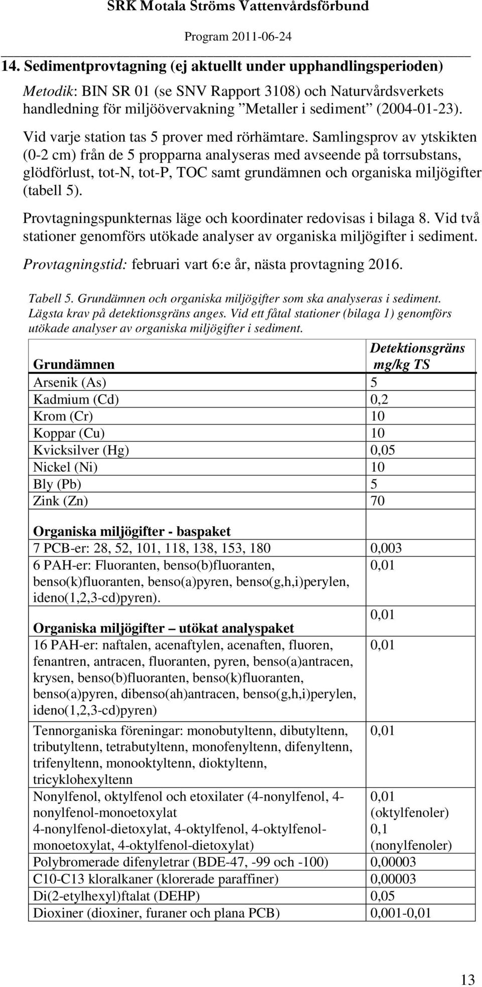 Samlingsprov av ytskikten (0-2 cm) från de 5 propparna analyseras med avseende på torrsubstans, glödförlust, tot-n, tot-p, TOC samt grundämnen och organiska miljögifter (tabell 5).