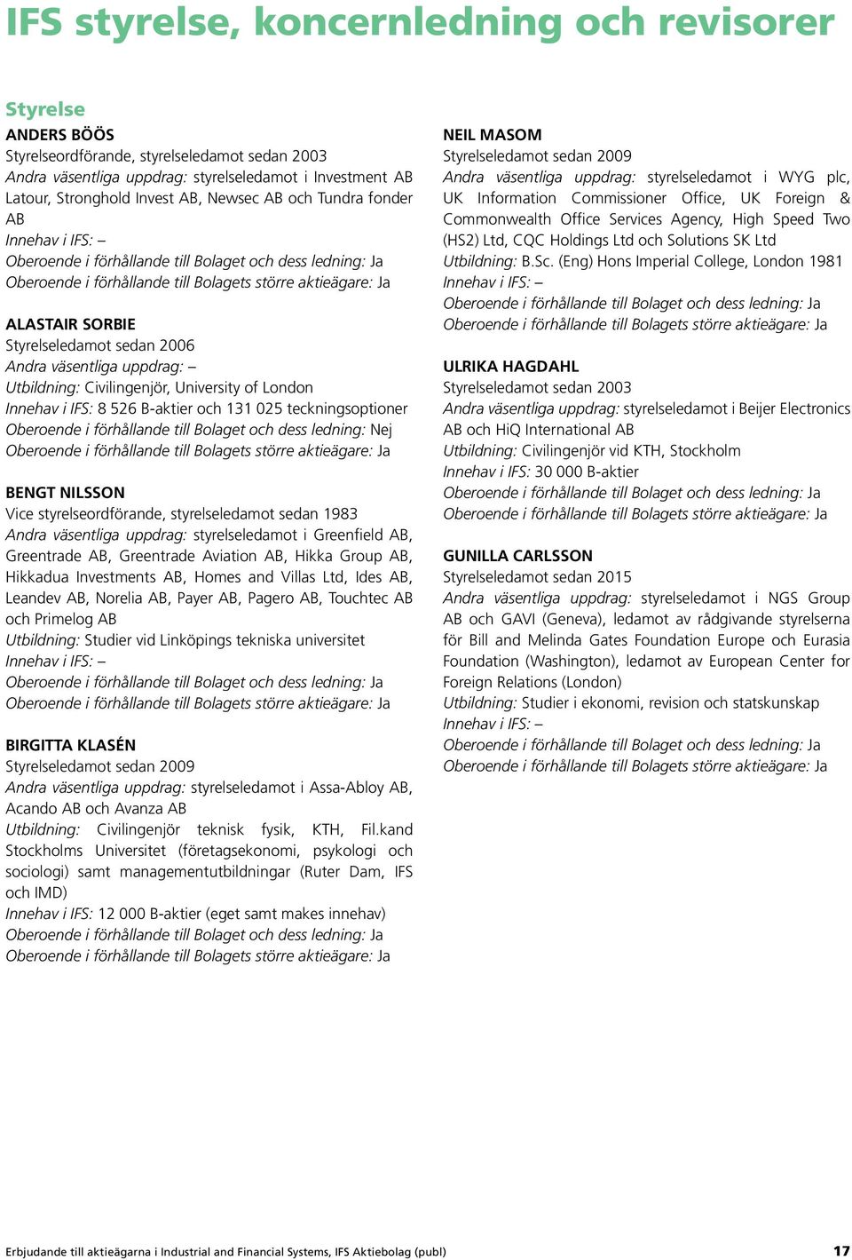 sedan 2006 Andra väsentliga uppdrag: Utbildning: Civilingenjör, University of London Innehav i IFS: 8 526 B-aktier och 131 025 teckningsoptioner Oberoende i förhållande till Bolaget och dess ledning: