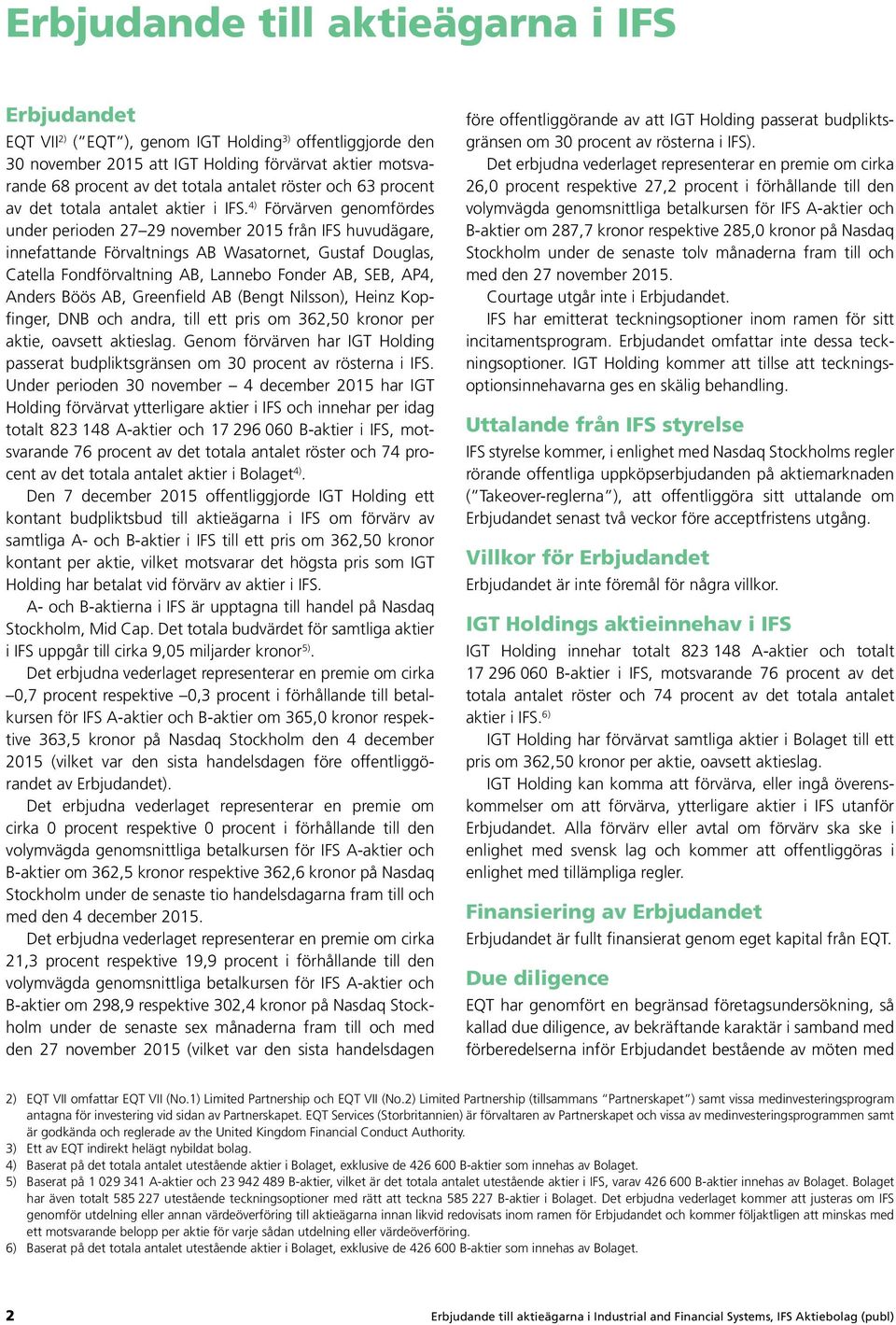 4) Förvärven genomfördes under perioden 27 29 november 2015 från IFS huvudägare, innefattande Förvaltnings AB Wasatornet, Gustaf Douglas, Catella Fondförvaltning AB, Lannebo Fonder AB, SEB, AP4,