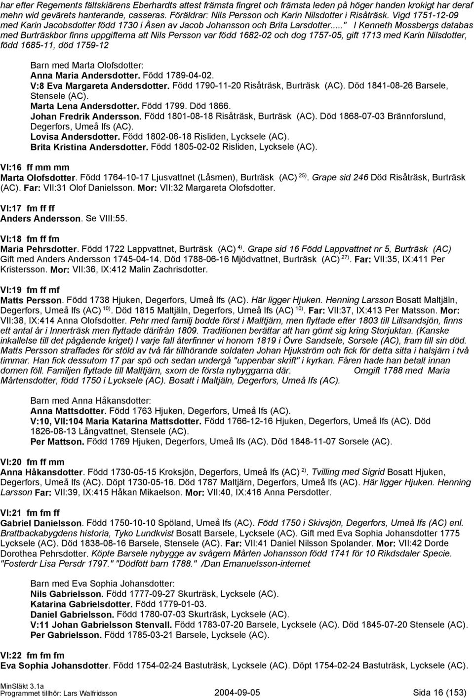 .." I Kenneth Mossbergs databas med Burträskbor finns uppgifterna att Nils Persson var född 1682-02 och dog 1757-05, gift 1713 med Karin Nilsdotter, född 1685-11, död 1759-12 Barn med Marta