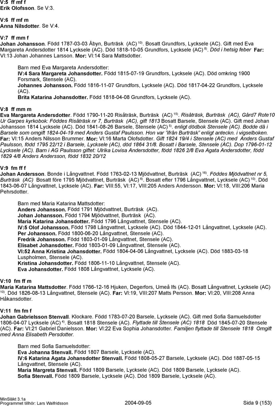 Barn med Eva Margareta Andersdotter: IV:4 Sara Margareta Johansdotter. Född 1815-07-19 Grundfors, Lycksele (AC). Död omkring 1900 Forsmark, Stensele (AC). Johannes Johansson.