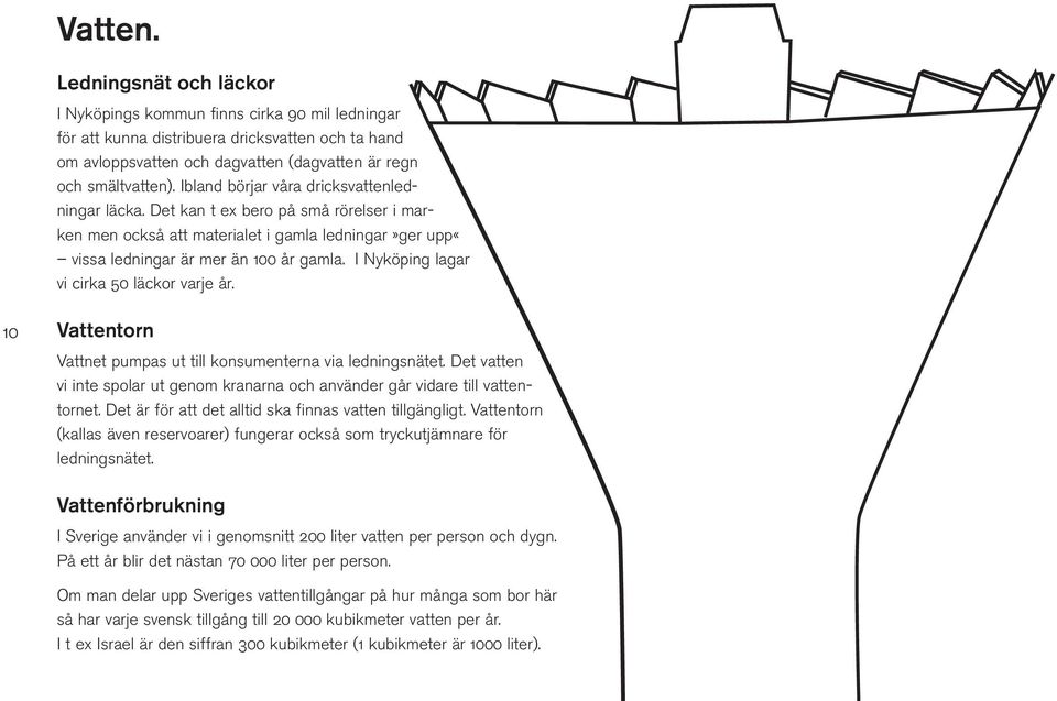 I Nyköping lagar vi cirka 50 läckor varje år. 10 Vattentorn Vattnet pumpas ut till konsumenterna via ledningsnätet.