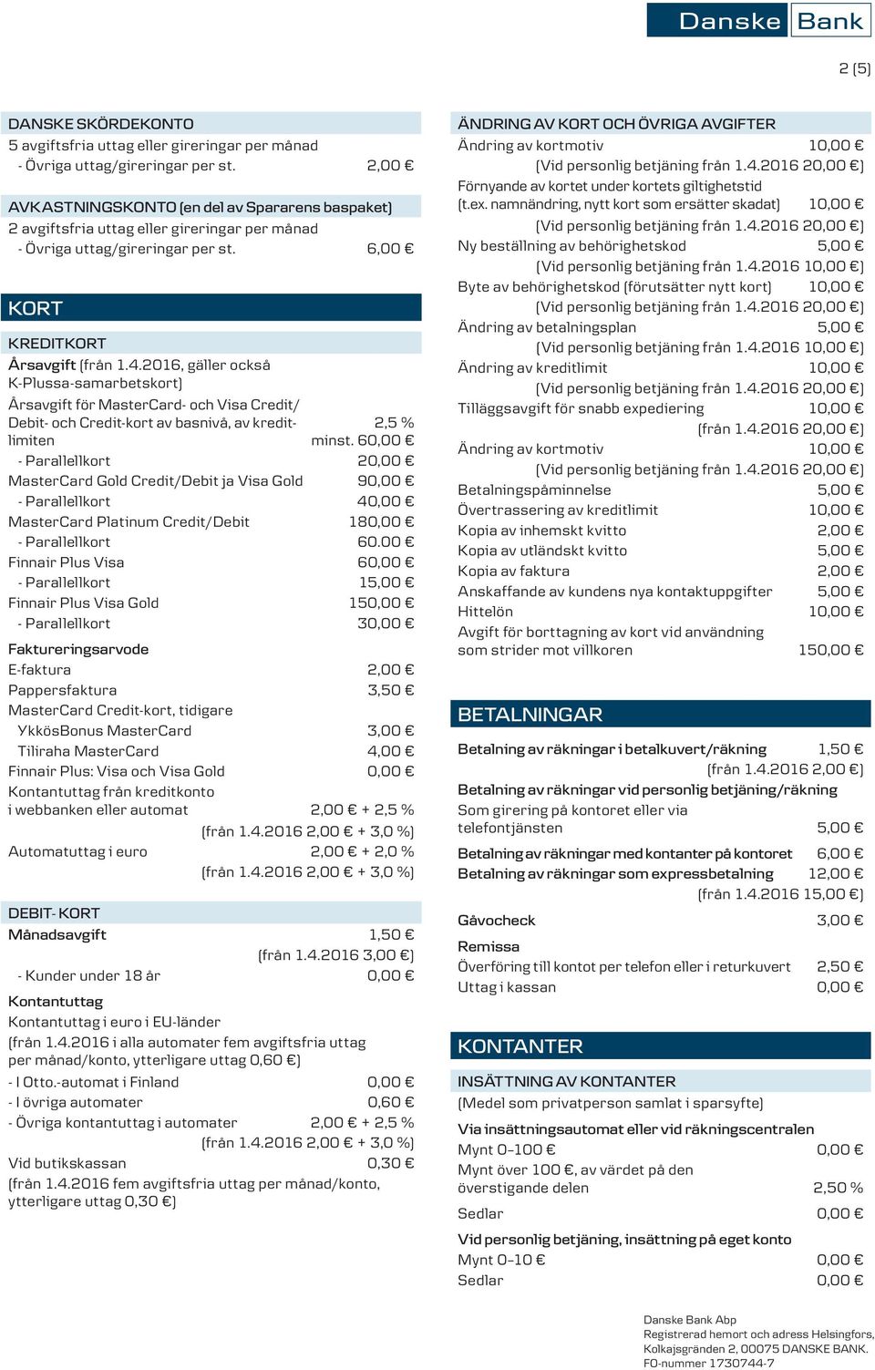 2016, gäller också K-Plussa-samarbetskort) Årsavgift för MasterCard- och Visa Credit/ Debit- och Credit-kort av basnivå, av kreditlimiten 2,5 % minst.