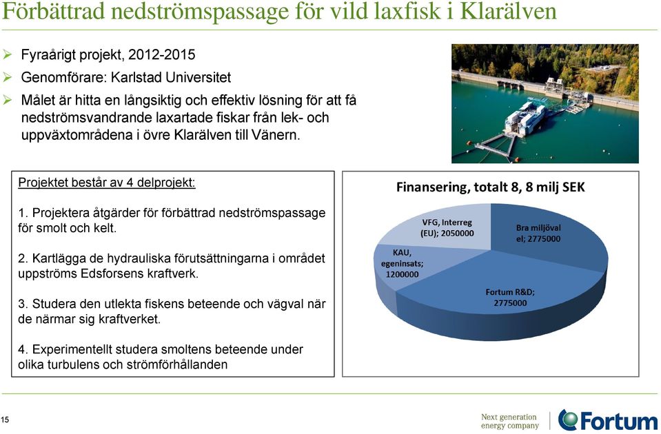 Projektera åtgärder för förbättrad nedströmspassage för smolt och kelt. 2. Kartlägga de hydrauliska förutsättningarna i området uppströms Edsforsens kraftverk. 3.