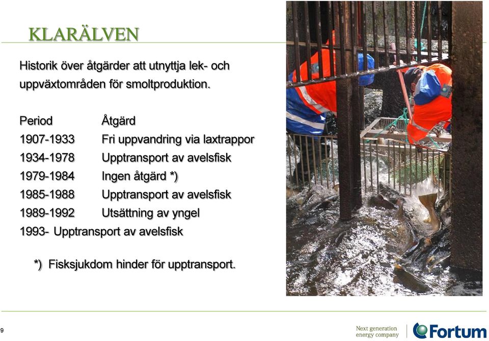 Period Åtgärd 1907-1933 Fri uppvandring via laxtrappor 1934-1978 Upptransport av