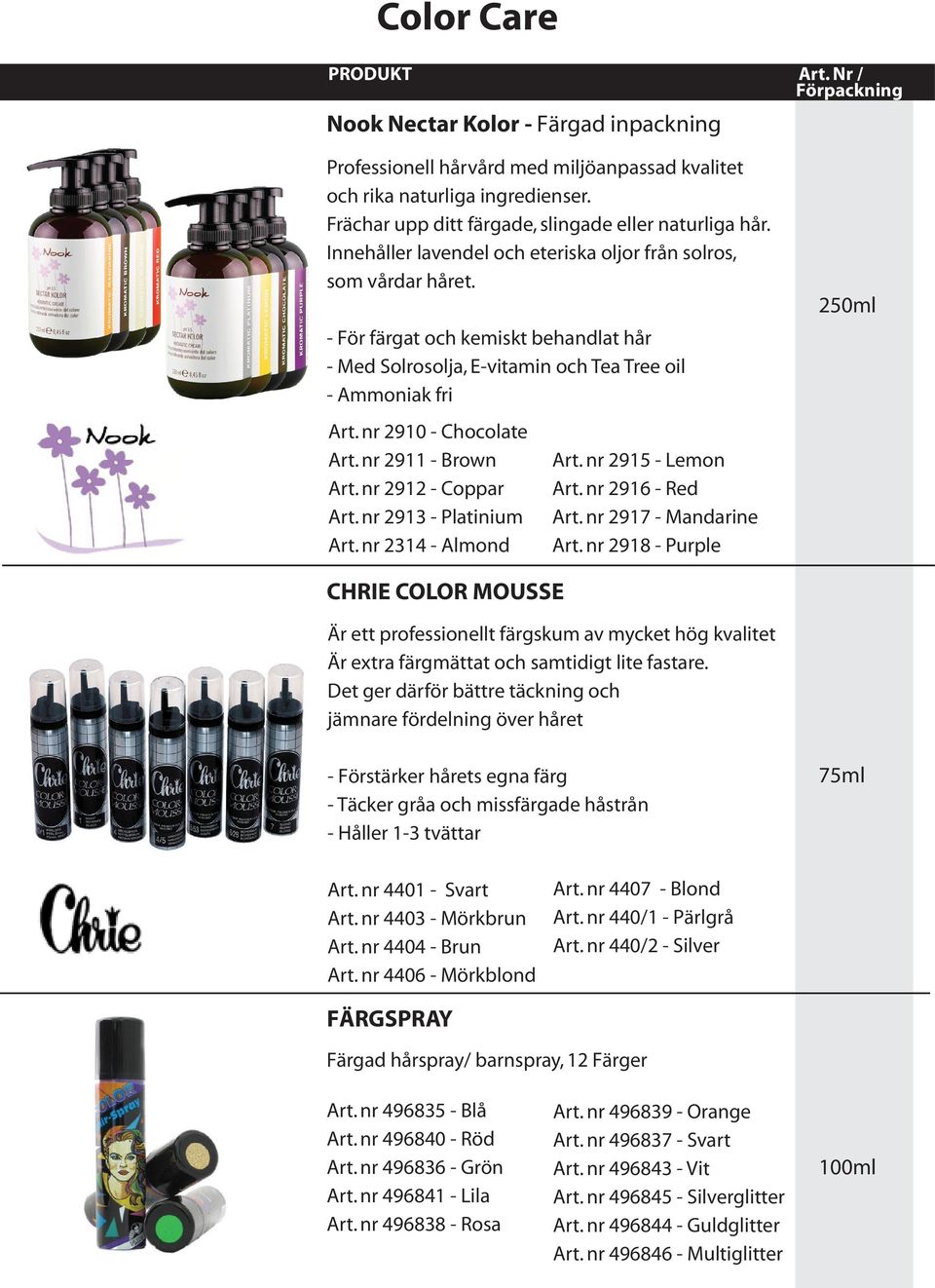 - För färgat och kemiskt behandlat hår - Med Solrosolja, E-vitamin och Tea Tree oil - Ammoniak fri Art. nr 2910 - Chocolate Art. nr 2911 - Brown Art. nr 2912 - Coppar Art. nr 2913 - Platinium Art.