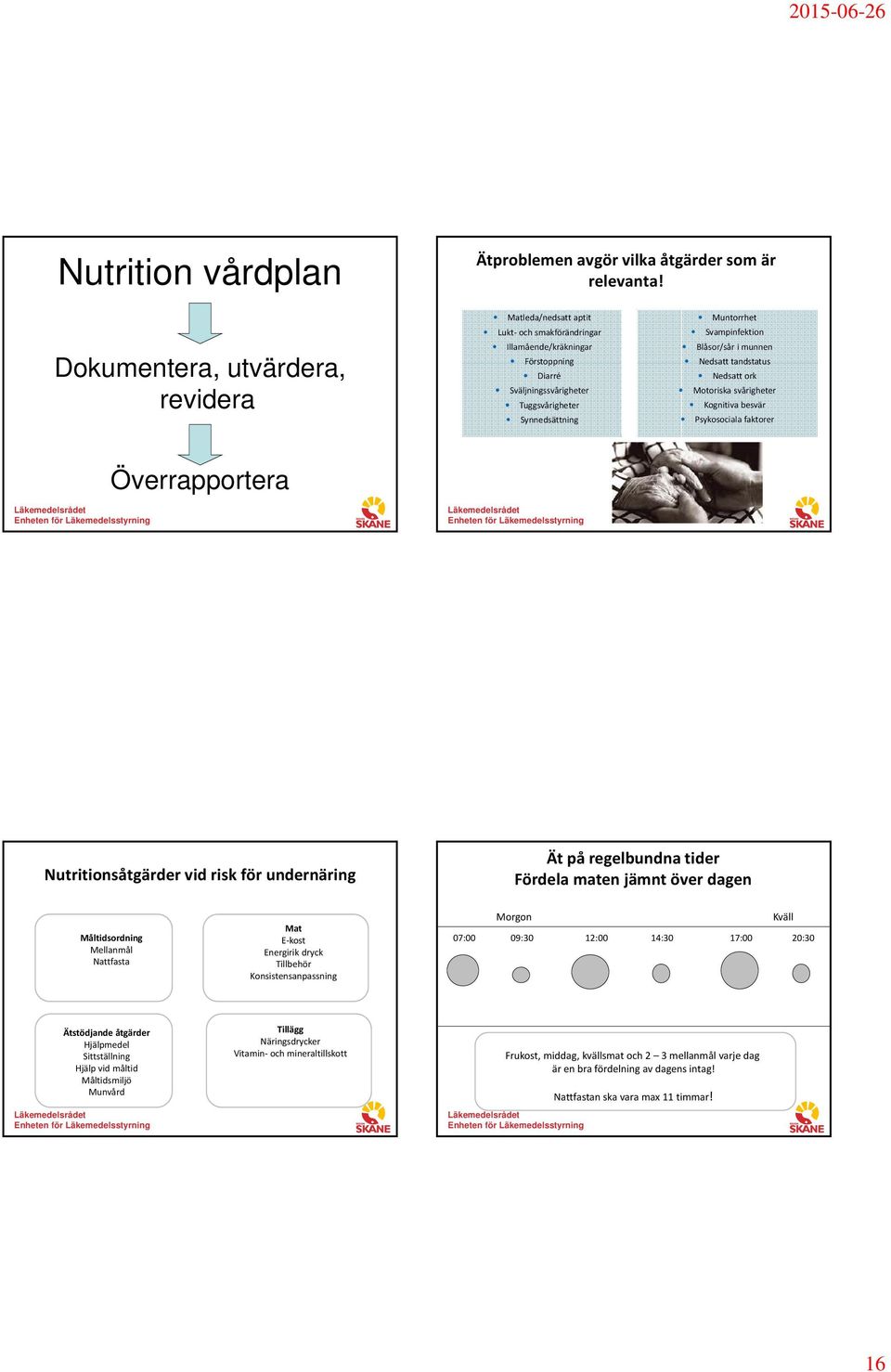 Svampinfektion Blåsor/sår i munnen Nedsatt tandstatus Nedsatt ork Motoriska svårigheter Kognitiva besvär Psykosociala faktorer Överrapportera Nutritionsåtgärder vid risk för undernäring Ät på