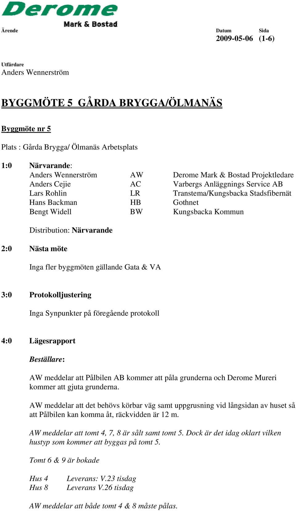 3:0 Protokolljustering Inga Synpunkter på föregående protokoll 4:0 Lägesrapport Beställare: AW meddelar att Pålbilen AB kommer att påla grunderna och Derome Mureri kommer att gjuta grunderna.