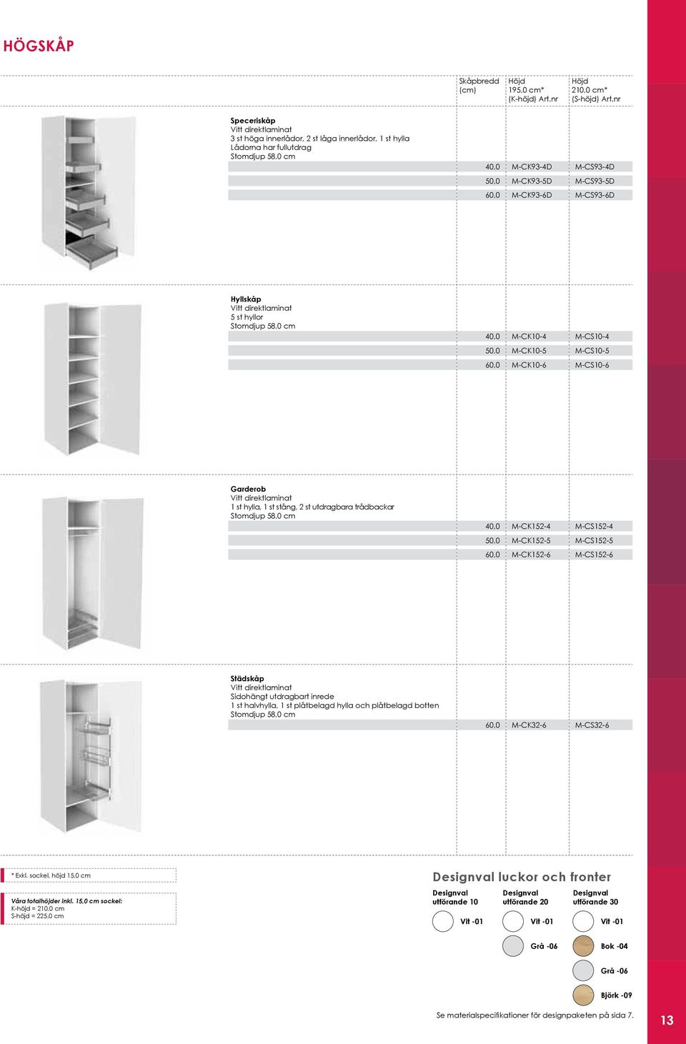 Hyllskåp Vitt direktlaminat 5 st hyllor Stomdjup 58,0 cm 40,0 M-K10-4 M-S10-4 50,0 M-K10-5 M-S10-5 60,0 M-K10-6 M-S10-6 Garderob Vitt direktlaminat 1 st hylla, 1 st stång, 2 st utdragbara trådbackar
