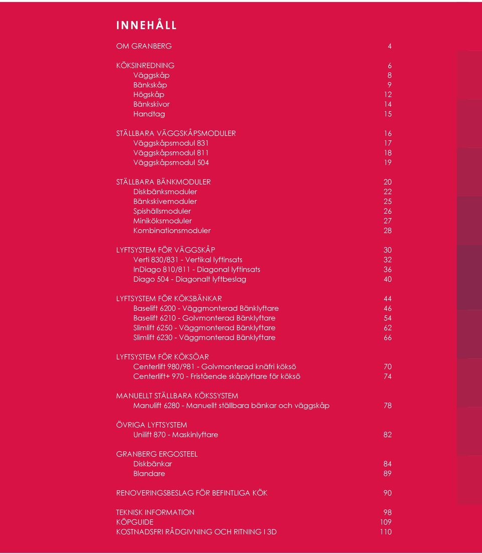 InDiago 810/811 - Diagonal lyftinsats 36 Diago 504 - Diagonalt lyftbeslag 40 LYFTSYSTEM FÖR KÖKSBÄNKAR 44 Baselift 6200 - Väggmonterad Bänklyftare 46 Baselift 6210 - Golvmonterad Bänklyftare 54